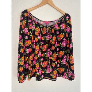 NEW Betsey Johnson Black Dark Goth Roses Peasant Top Black Pink Spring Garden